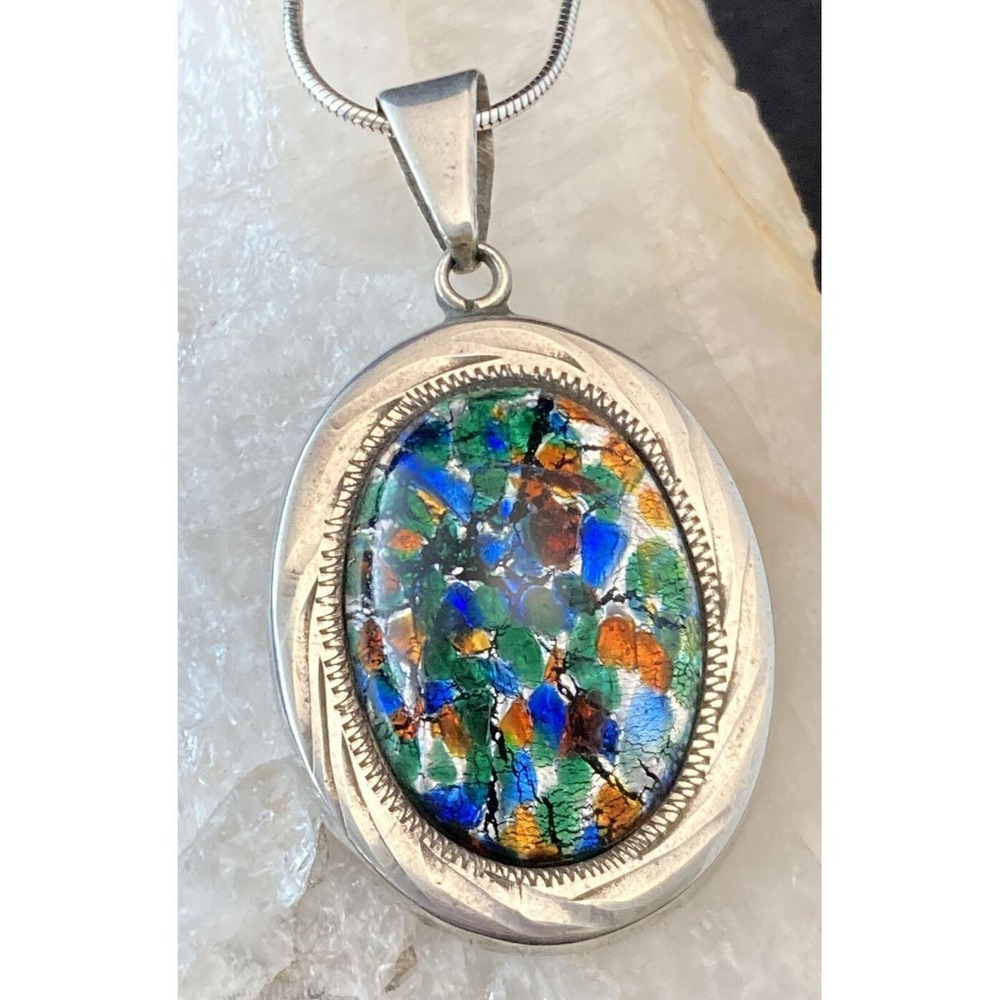 Vintage JLP Mexico Glass 925 GUA Sterling Silver Pendant 24'' Necklace 19g Boho